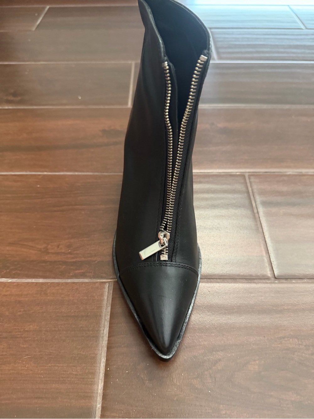 Women's Black Pointed Toe Ankle Boot with Front Zip Detail